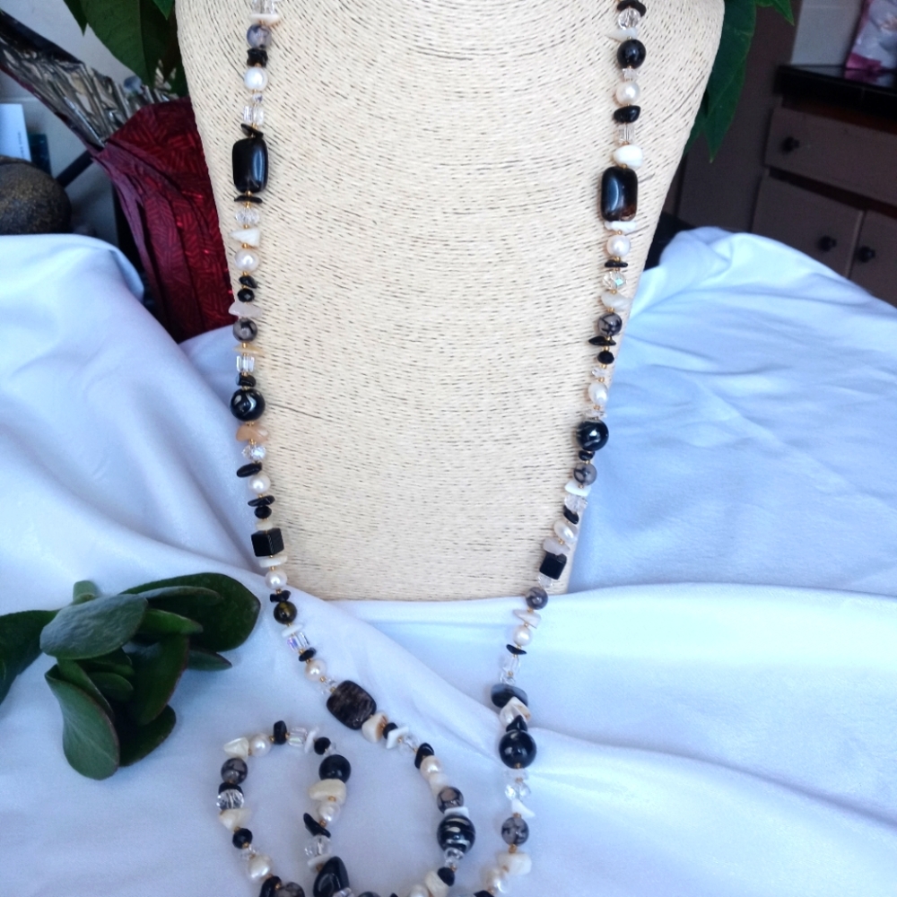 Gemstones shells pearls crystals necklace, long